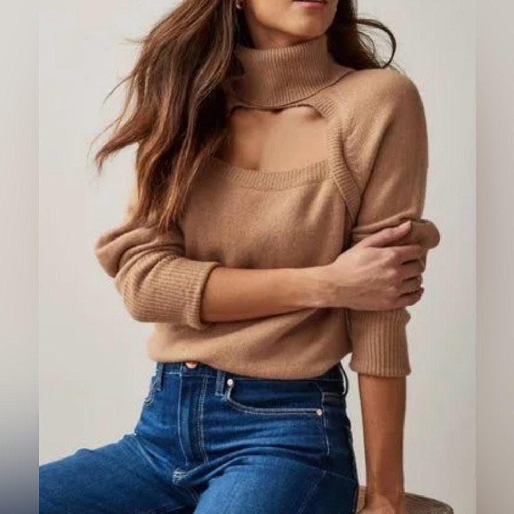 PAIGE Women's Cherise Sweater Turtle Neck Cropped Cutout Design in Toffee Sz XL